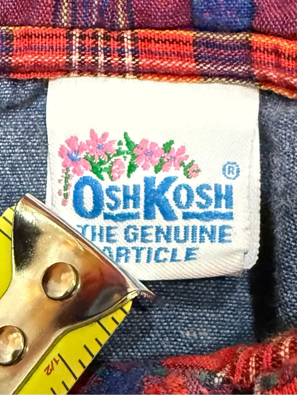 Vintage 80s 90s OSHKOSH Denim Jean Dress Girls Size 5 Plaid Collar MADE IN USA